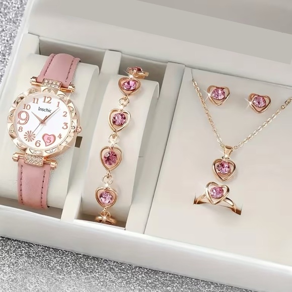 NWT 6-Piece Heart-Shaped Watch & Jewelry Accessory Set – Pink - Picture 1 of 10